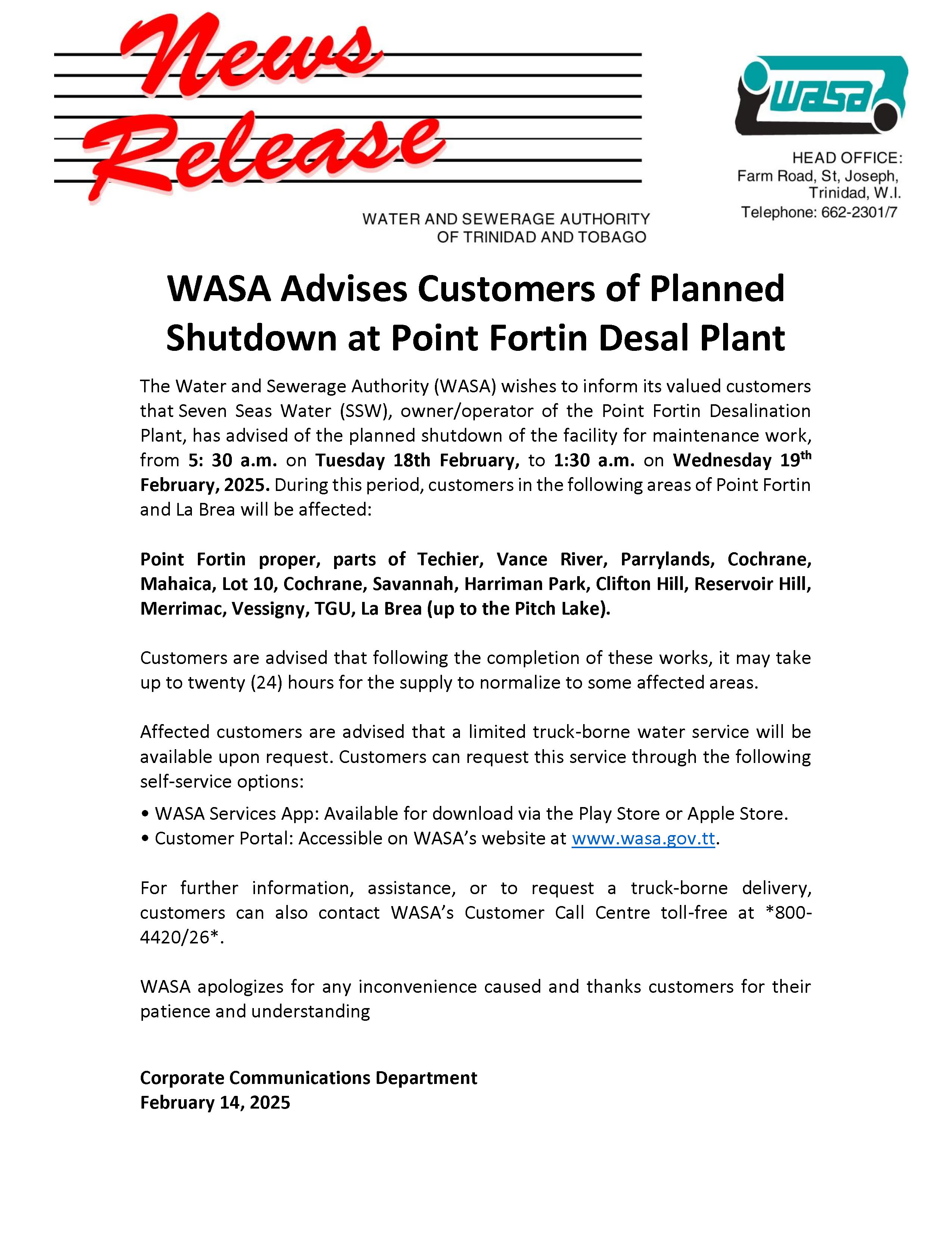 Supply disruption to parts Pt Fortin and La Brea